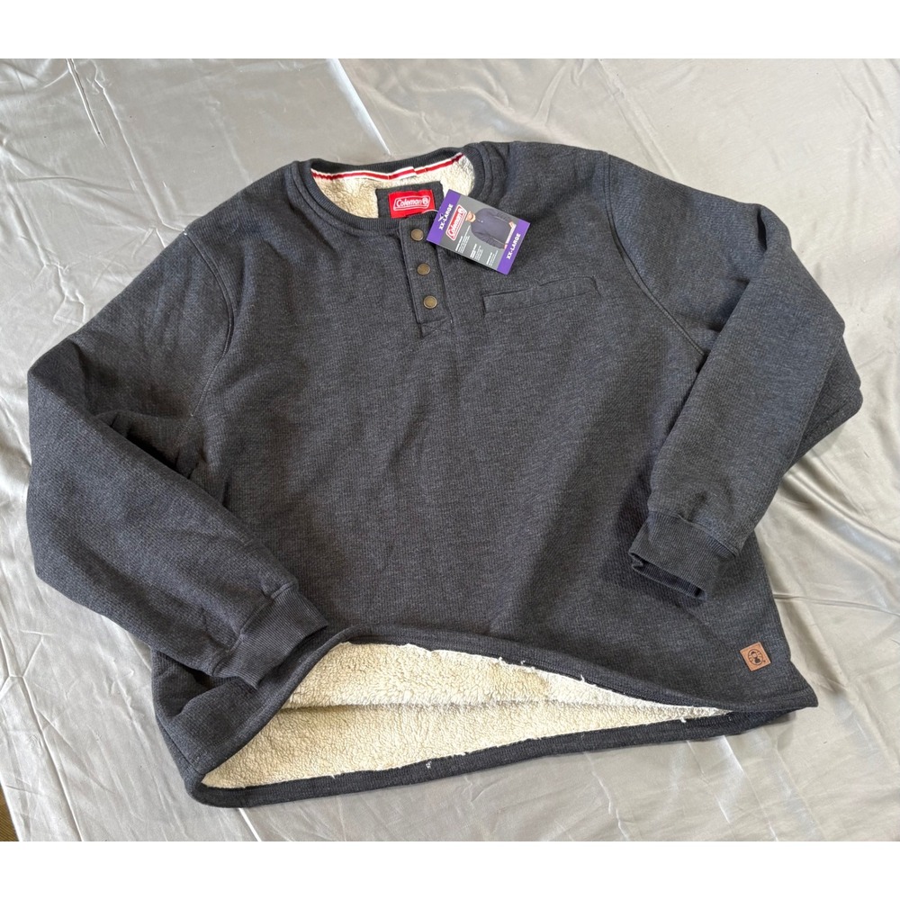 Coleman Mens Bonded Henley Sherpa Lined Sweatshirt Charcoal Heather XXL NEW